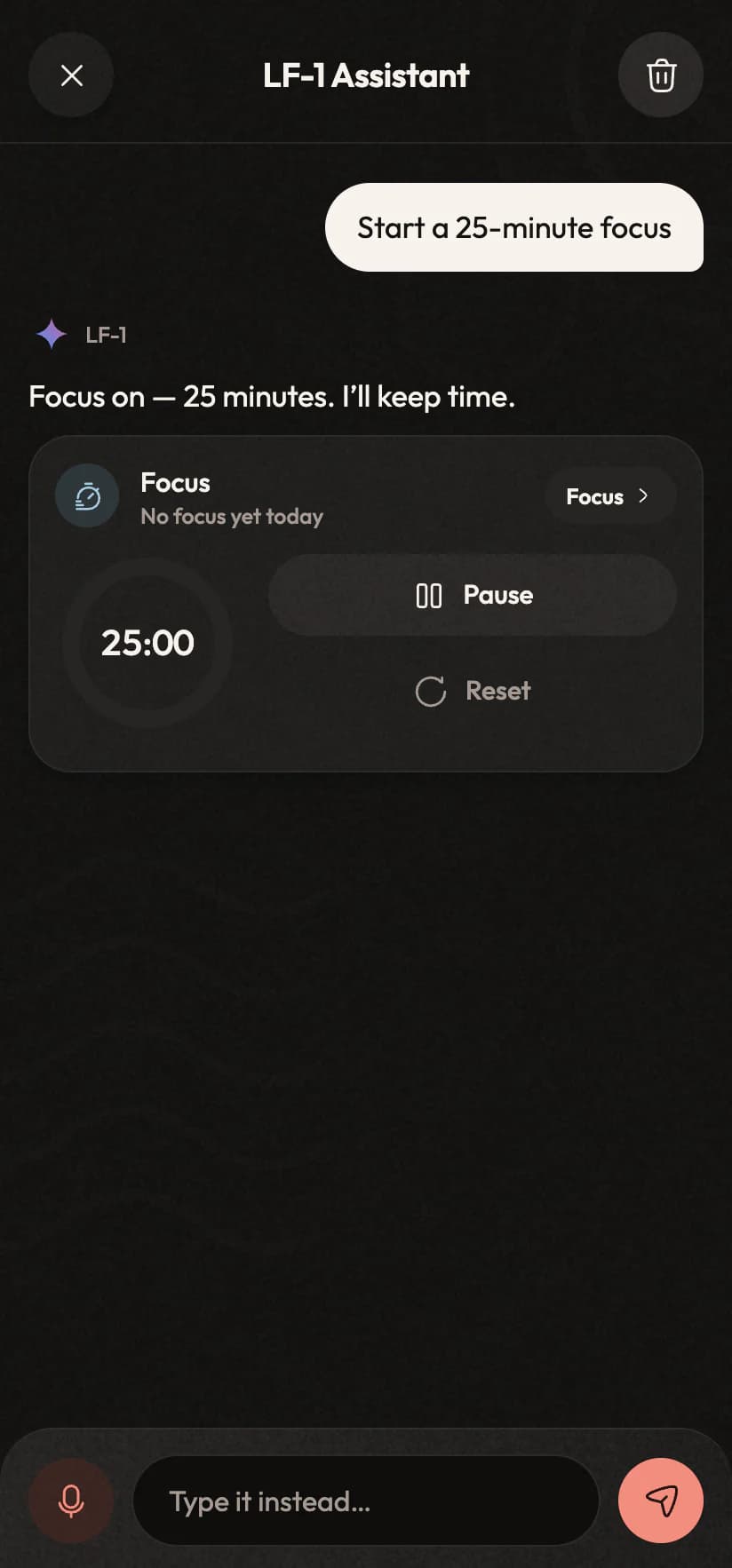 The assistant answering “Start a 25-minute focus” with the timer running in the chat