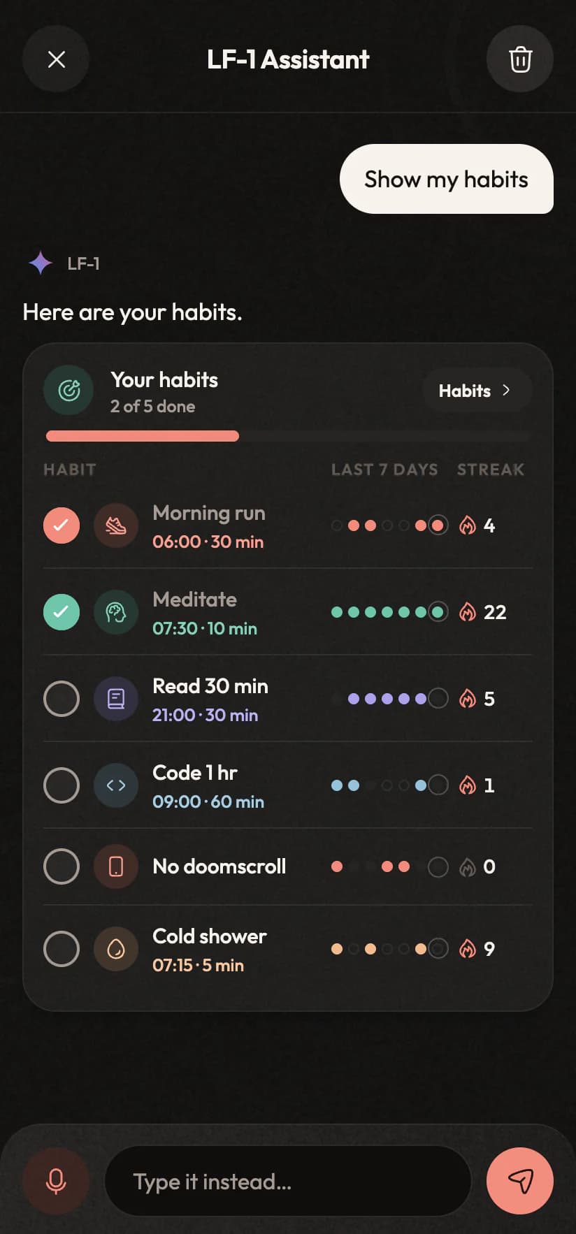 The assistant answering “Show my habits” with a live card of every habit, its last seven days and its streak