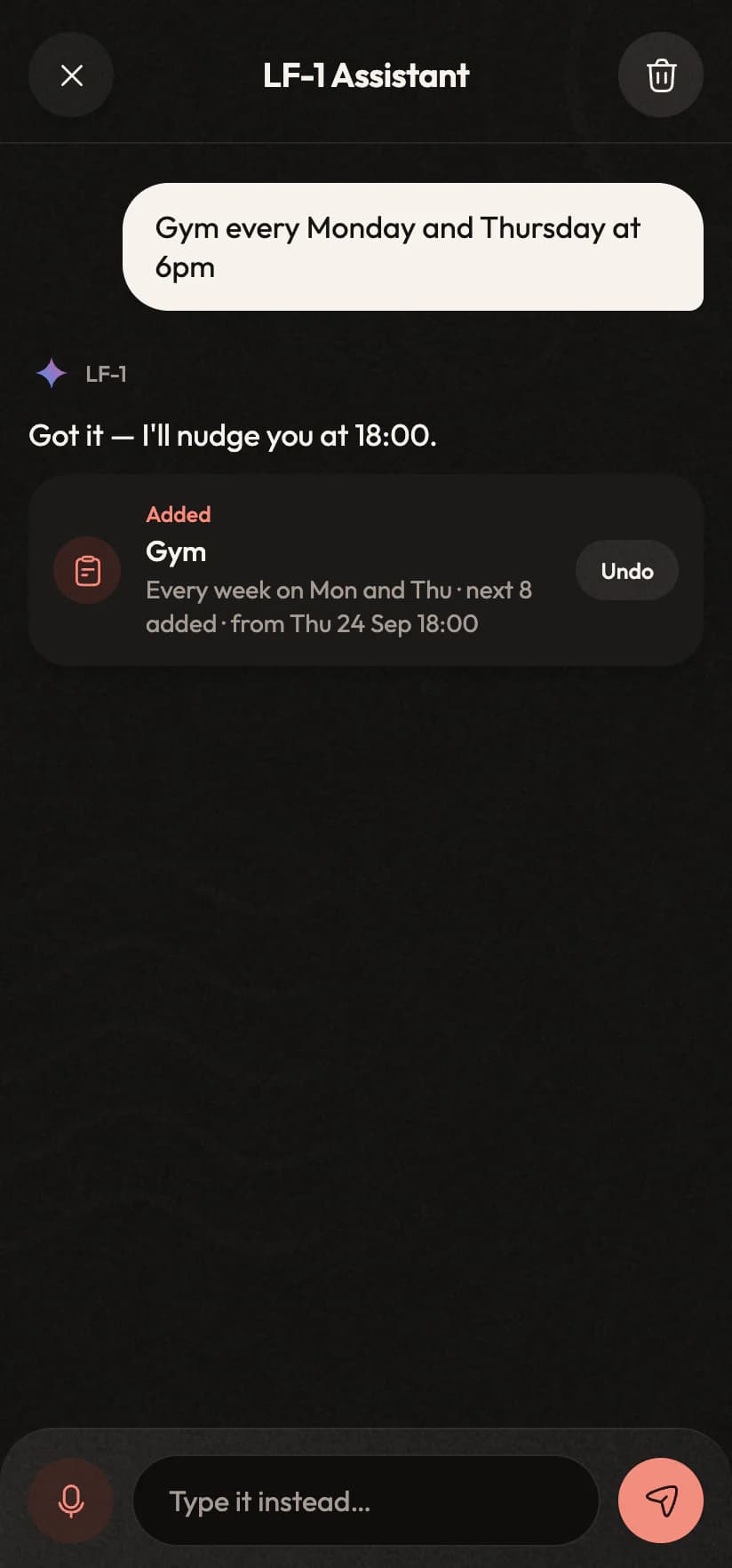 The assistant adding “Gym every Monday and Thursday at 6pm”, repeating weekly, with Undo