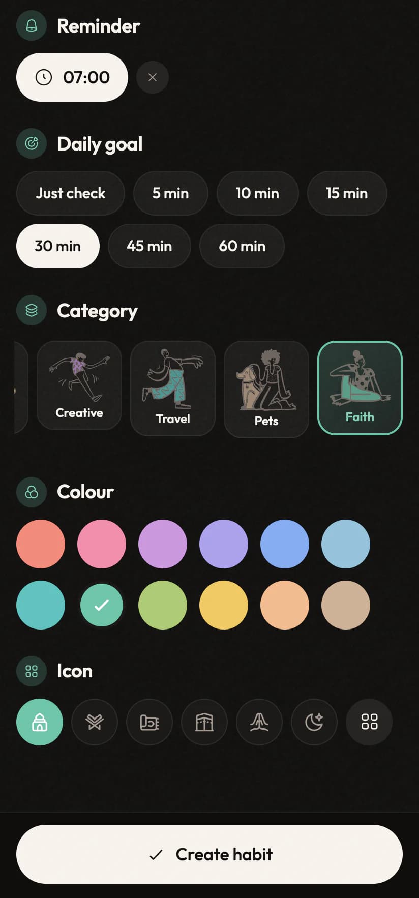 The habit editor choosing its look: category cards with doodles, twelve colours and an icon row