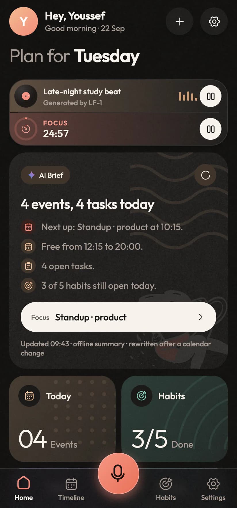 The home screen with the live island on top: the lo-fi beat playing and a focus session counting down