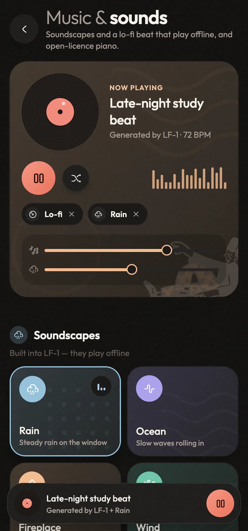 Music & sounds: the lo-fi beat playing with rain under it, both levels and the soundscapes
