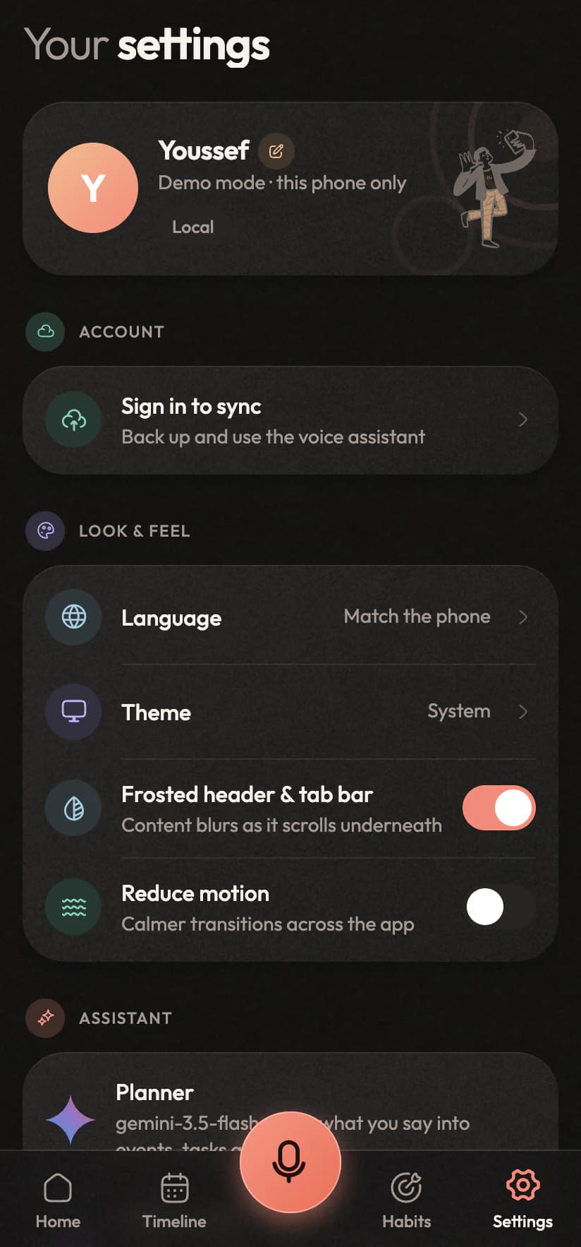 Settings: language, theme, reminders and the assistant