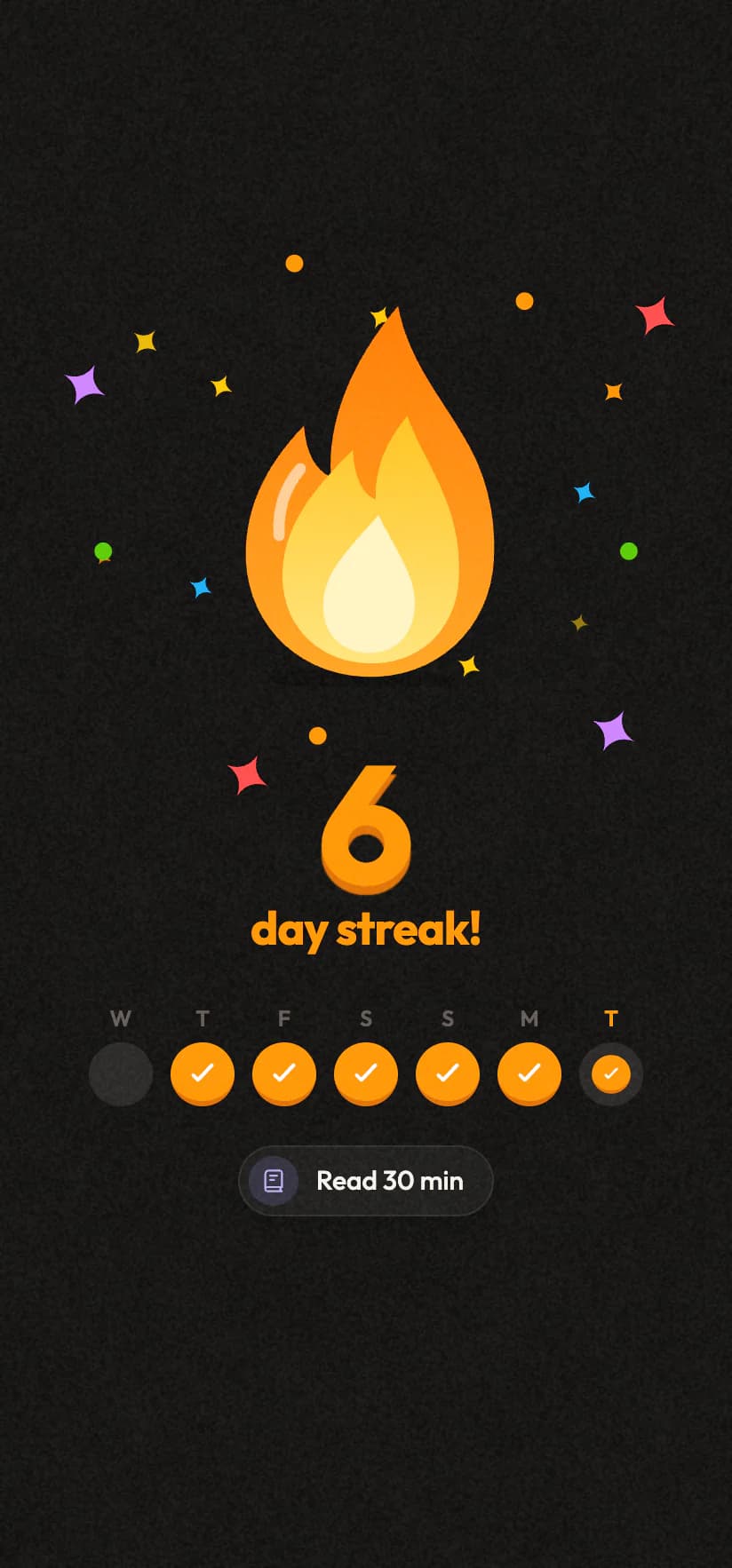 The streak celebration: a flame, a six-day streak and the week lit up