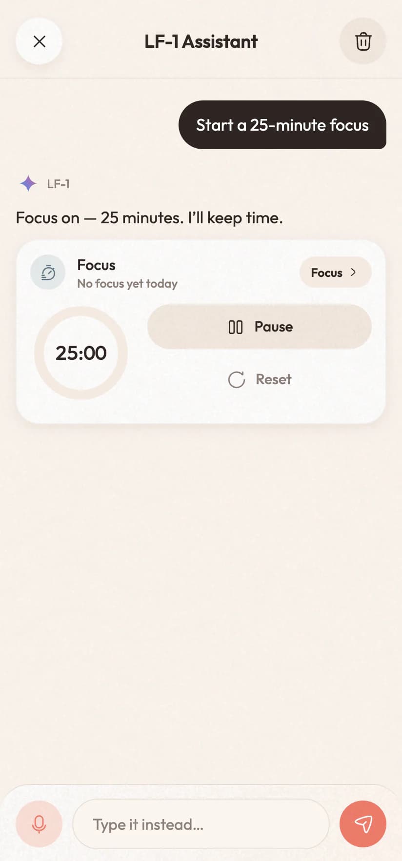 The assistant answering “Start a 25-minute focus” with the timer running in the chat