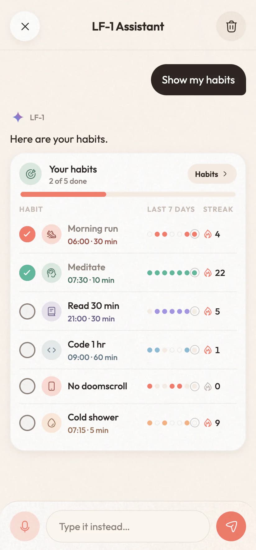 The assistant answering “Show my habits” with a live card of every habit, its last seven days and its streak