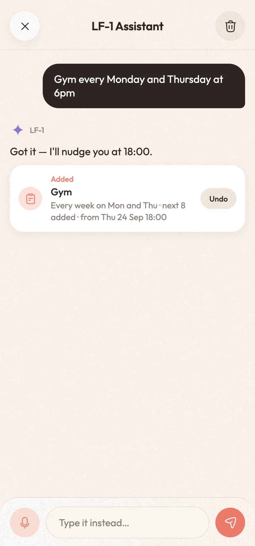 The assistant adding “Gym every Monday and Thursday at 6pm”, repeating weekly, with Undo