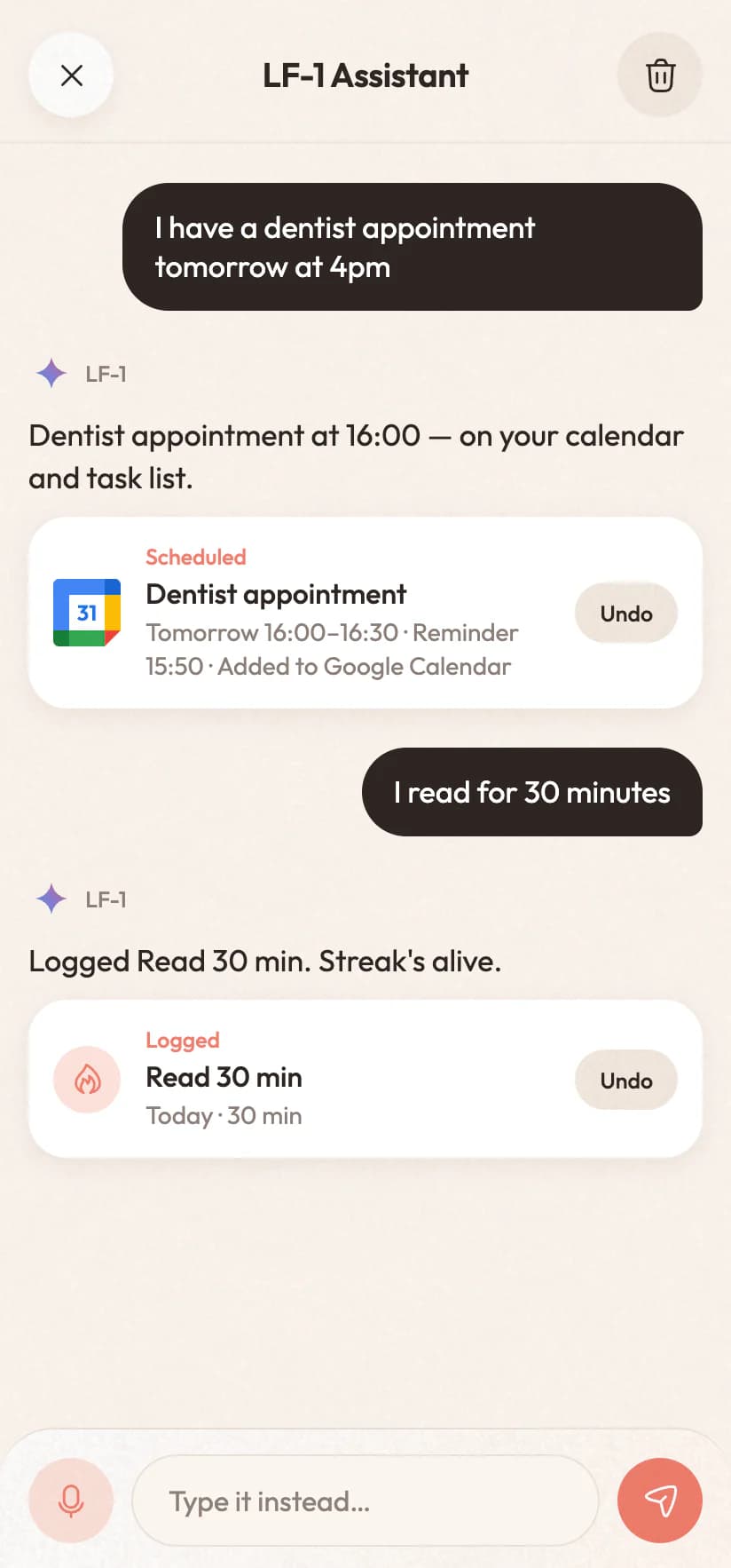 The assistant after two sentences: a dentist appointment booked and a habit logged, each with Undo