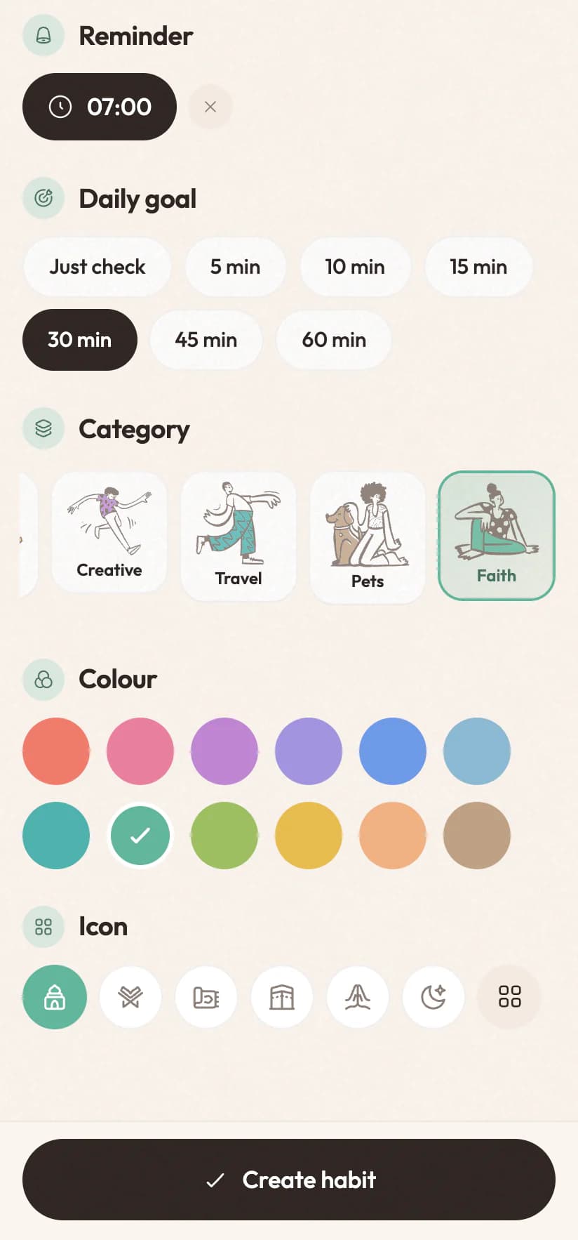 The habit editor choosing its look: category cards with doodles, twelve colours and an icon row