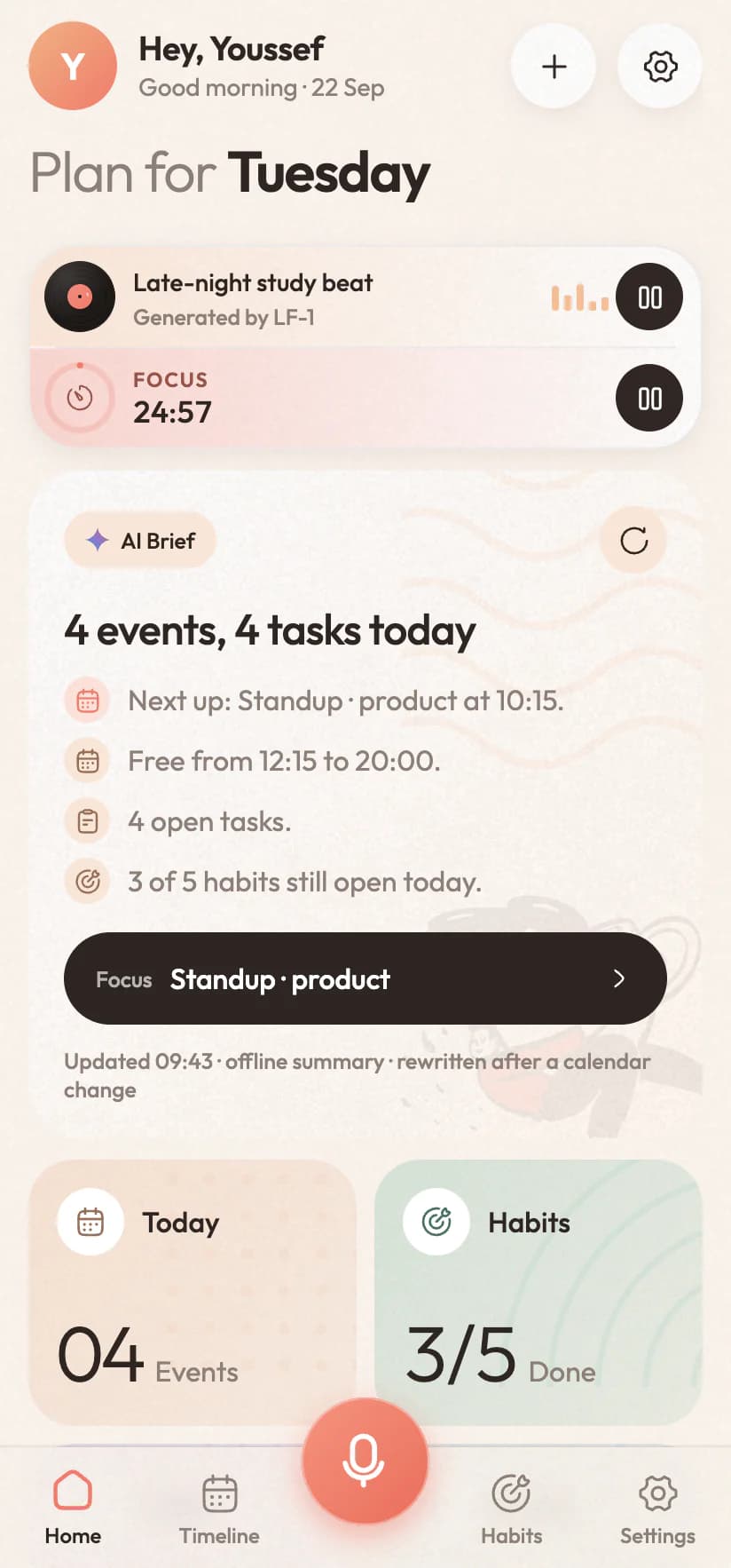The home screen with the live island on top: the lo-fi beat playing and a focus session counting down
