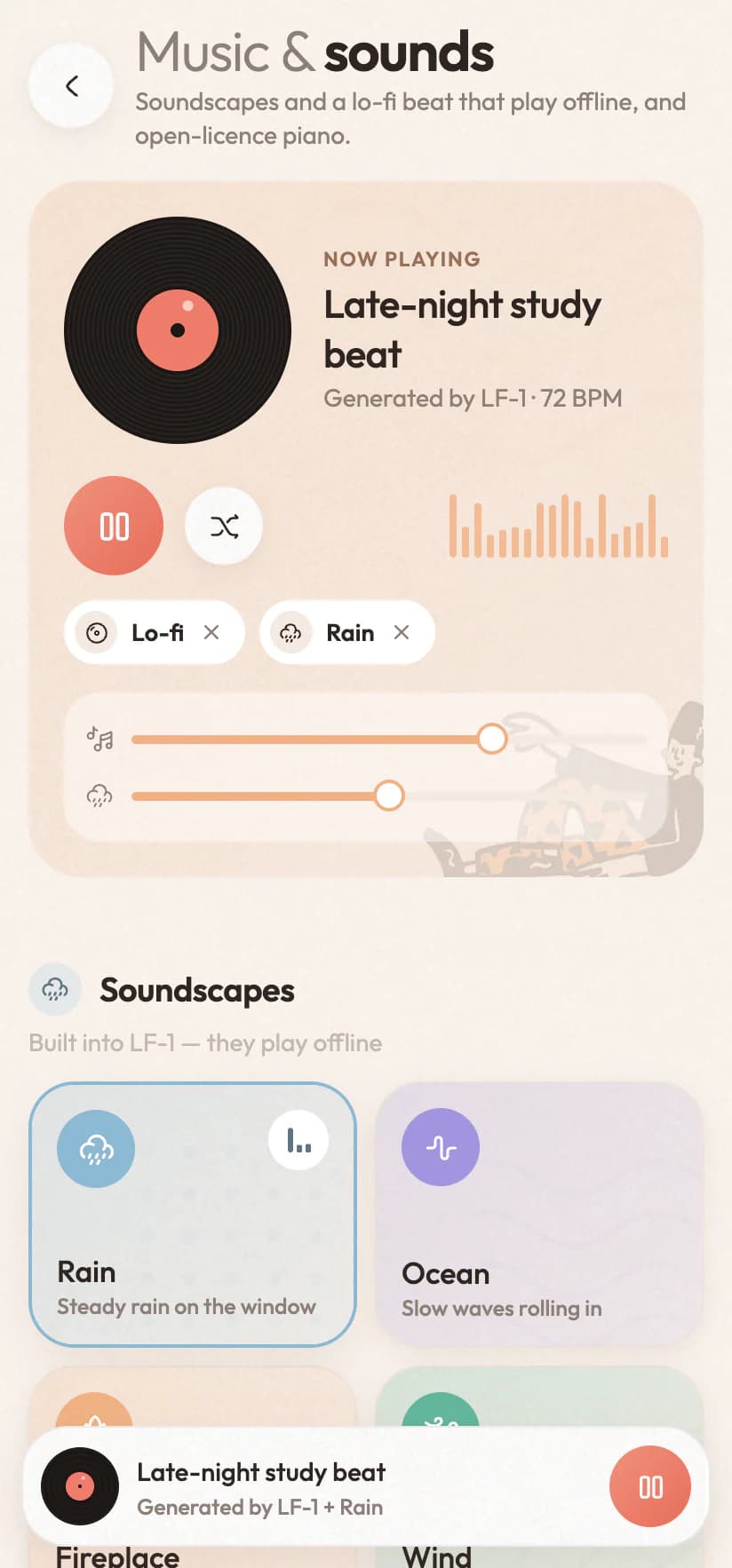 Music & sounds: the lo-fi beat playing with rain under it, both levels and the soundscapes