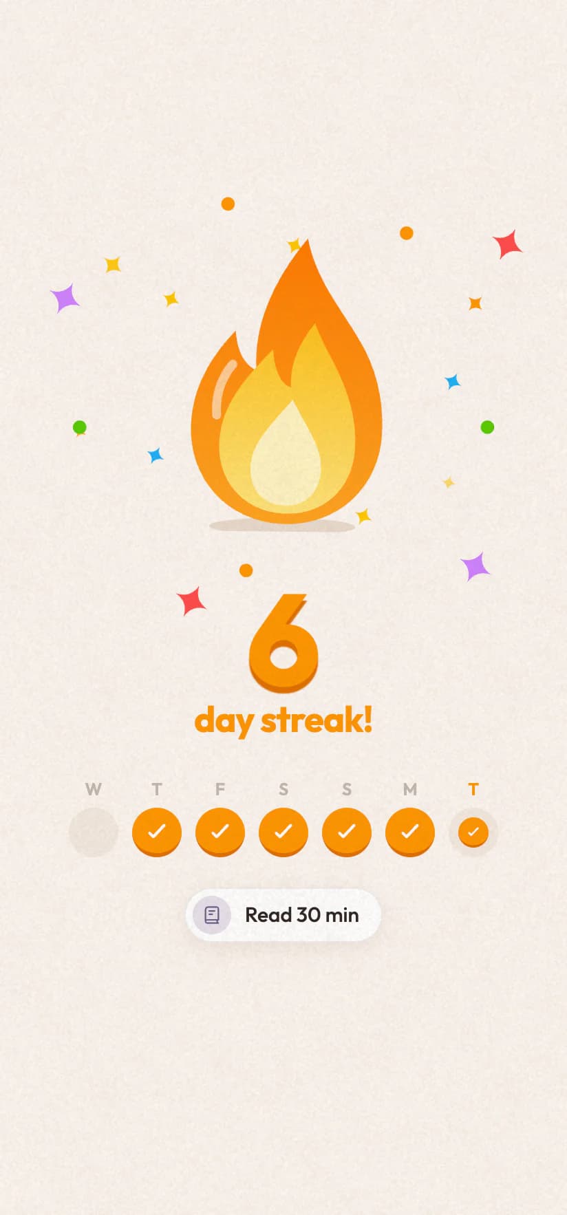 The streak celebration: a flame, a six-day streak and the week lit up