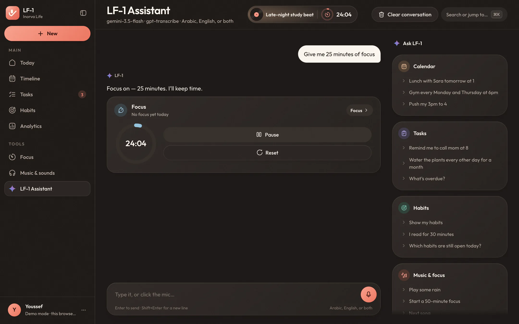 The assistant starting a 25-minute focus session, the timer counting down in the chat and in the header