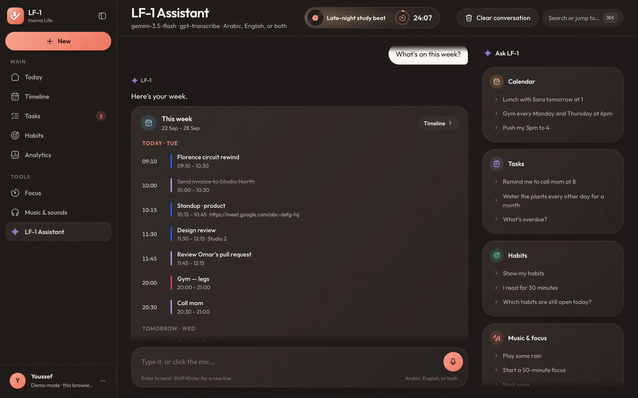 The assistant answering “What's on this week?” with the week's agenda, today first