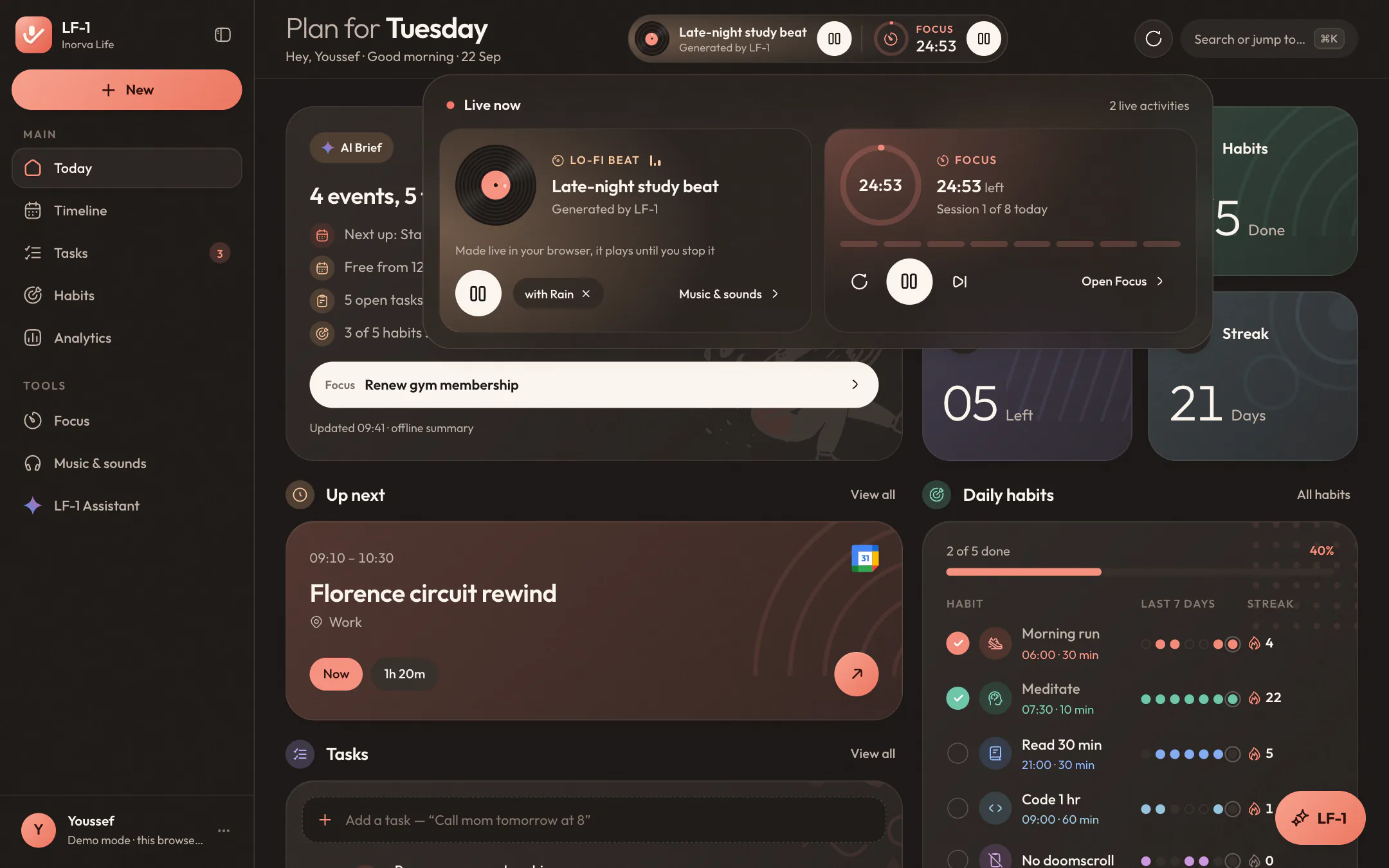 The live island opened on Today: the lo-fi beat with rain under it, and a focus session with its ring, reset and skip
