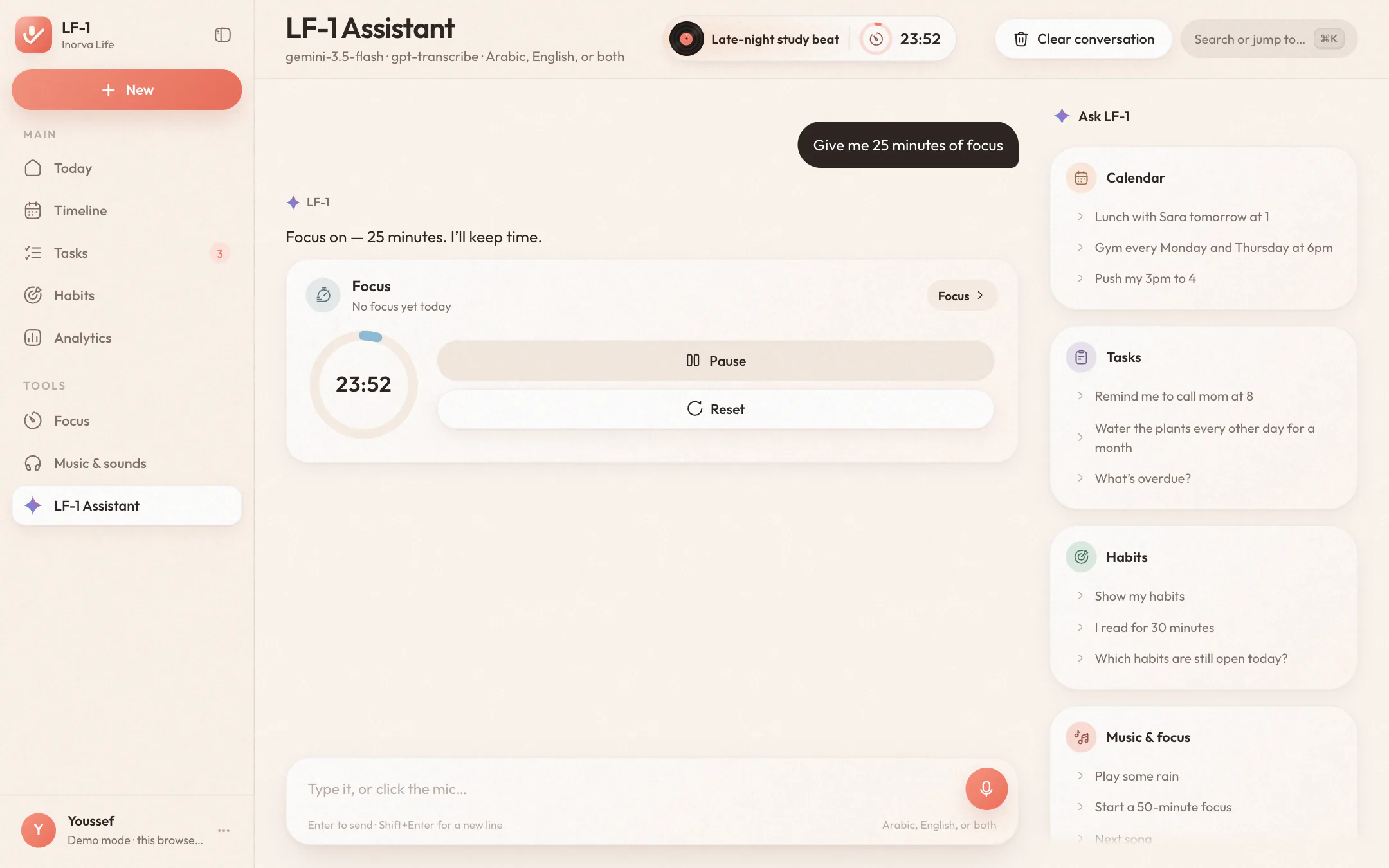The assistant starting a 25-minute focus session, the timer counting down in the chat and in the header